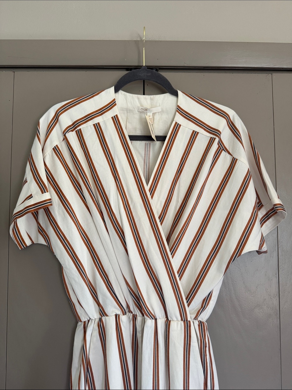 Maje Cream and Brown Striped Wrap Jumpsuit - Picture 2 of 7